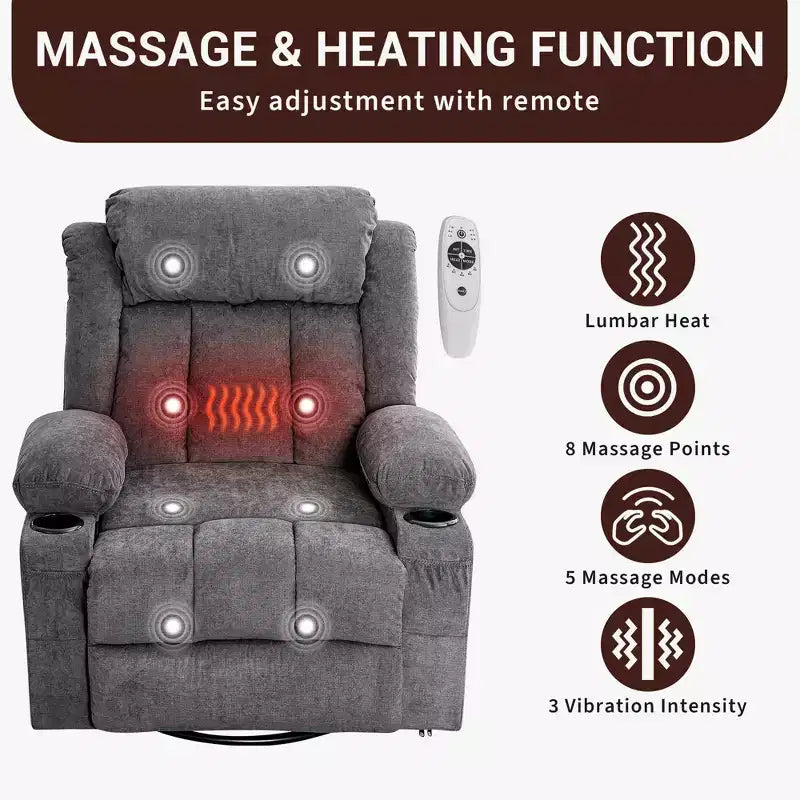 Fauteuil inclinable à bascule avec chaleur et massage - Pivotant à 360°, grand canapé-fauteuil individuel avec 3 positions, ports USB, porte-gobelets, poches latérales