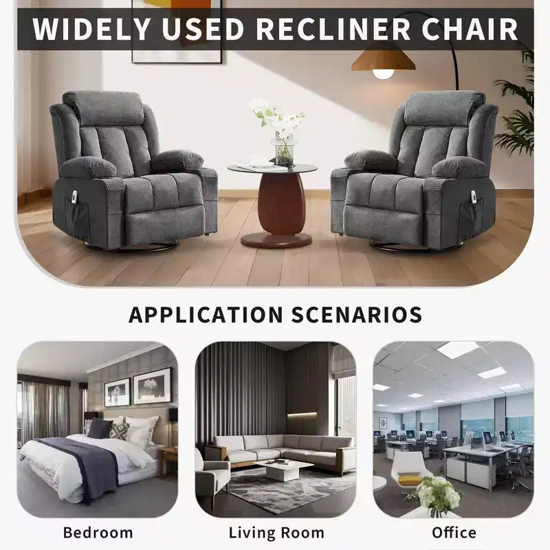 Fauteuil inclinable à bascule avec chaleur et massage - Pivotant à 360°, grand canapé-fauteuil individuel avec 3 positions, ports USB, porte-gobelets, poches latérales