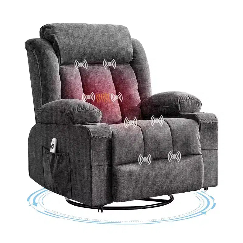 Fauteuil inclinable à bascule avec chaleur et massage - Pivotant à 360°, grand canapé-fauteuil individuel avec 3 positions, ports USB, porte-gobelets, poches latérales