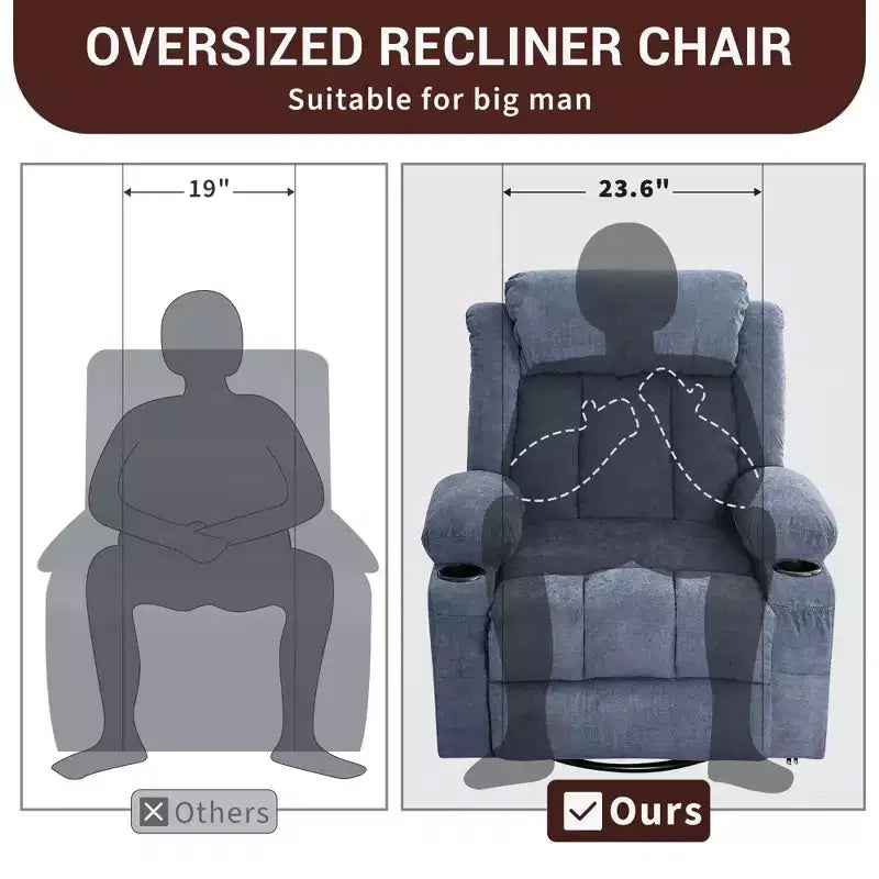 Fauteuil inclinable à bascule avec chaleur et massage - Pivotant à 360°, grand canapé-fauteuil individuel avec 3 positions, ports USB, porte-gobelets, poches latérales