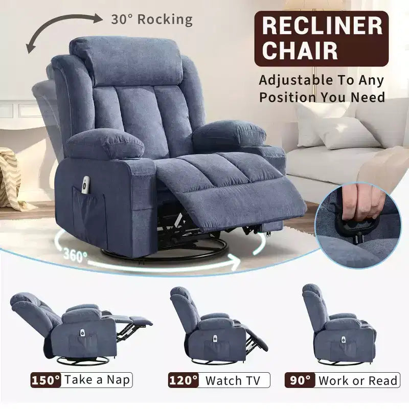 Fauteuil inclinable à bascule avec chaleur et massage - Pivotant à 360°, grand canapé-fauteuil individuel avec 3 positions, ports USB, porte-gobelets, poches latérales