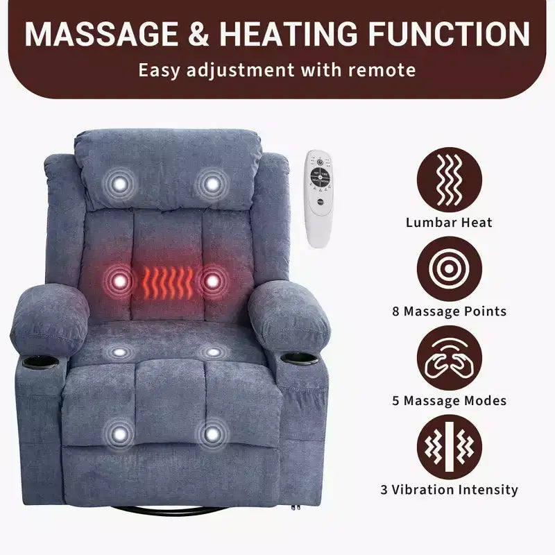 Fauteuil inclinable à bascule avec chaleur et massage - Pivotant à 360°, grand canapé-fauteuil individuel avec 3 positions, ports USB, porte-gobelets, poches latérales