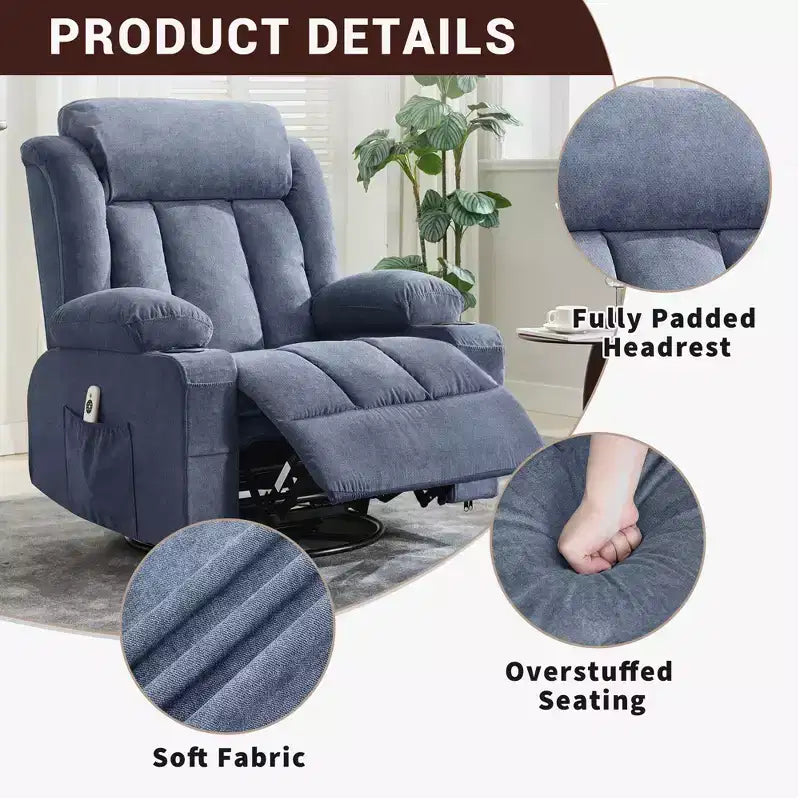 Fauteuil inclinable à bascule avec chaleur et massage - Pivotant à 360°, grand canapé-fauteuil individuel avec 3 positions, ports USB, porte-gobelets, poches latérales