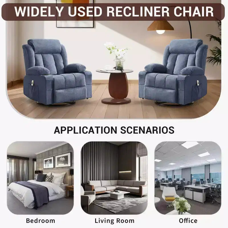 Fauteuil inclinable à bascule avec chaleur et massage - Pivotant à 360°, grand canapé-fauteuil individuel avec 3 positions, ports USB, porte-gobelets, poches latérales