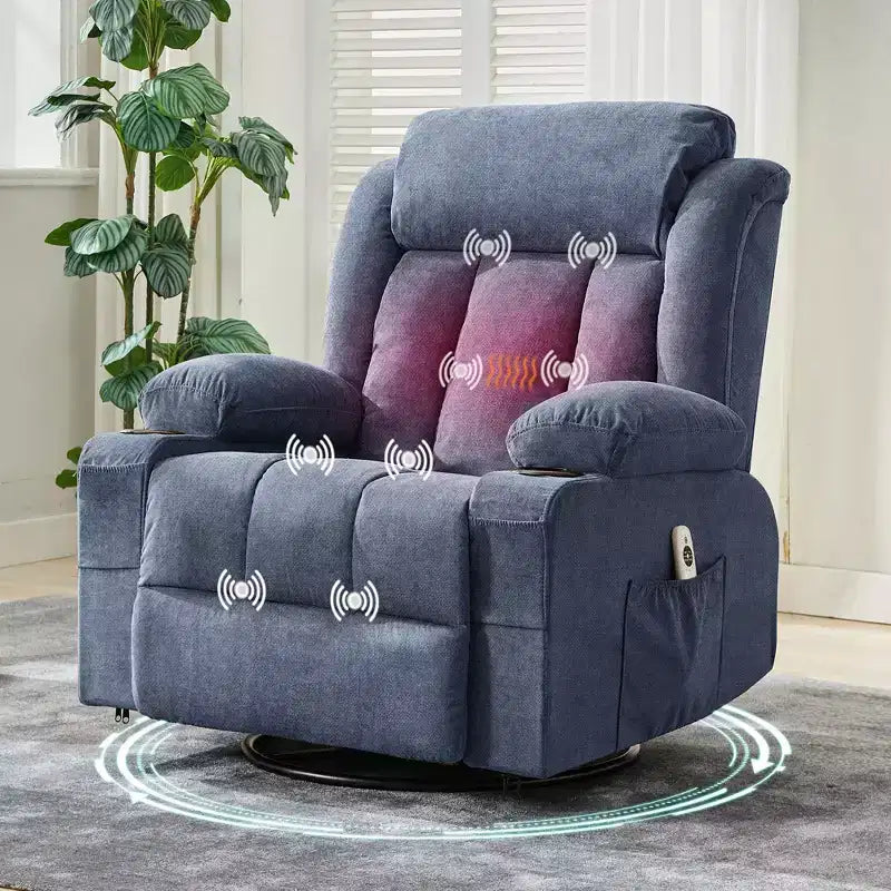 Fauteuil inclinable à bascule avec chaleur et massage - Pivotant à 360°, grand canapé-fauteuil individuel avec 3 positions, ports USB, porte-gobelets, poches latérales
