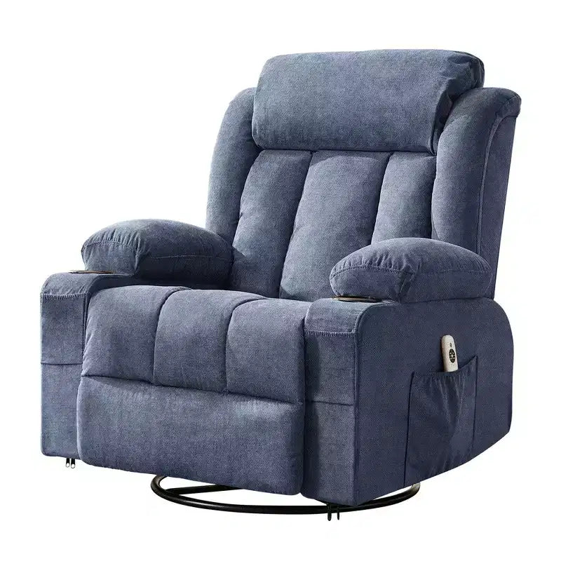 Fauteuil inclinable à bascule avec chaleur et massage - Pivotant à 360°, grand canapé-fauteuil individuel avec 3 positions, ports USB, porte-gobelets, poches latérales
