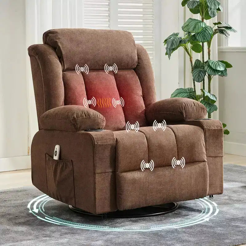 Fauteuil inclinable à bascule avec chaleur et massage - Pivotant à 360°, grand canapé-fauteuil individuel avec 3 positions, ports USB, porte-gobelets, poches latérales