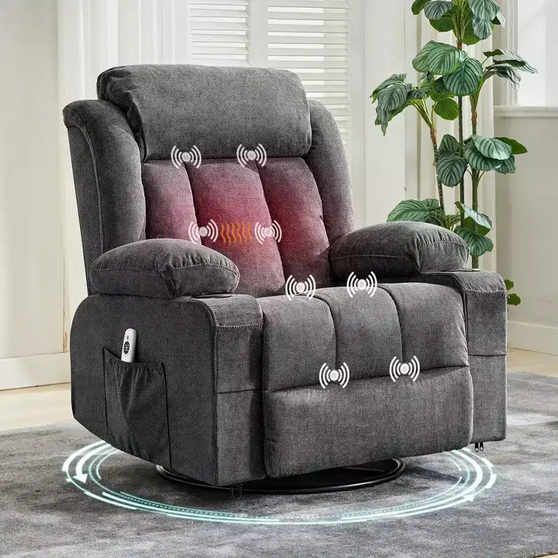 Fauteuil inclinable à bascule avec chaleur et massage - Pivotant à 360°, grand canapé-fauteuil individuel avec 3 positions, ports USB, porte-gobelets, poches latérales