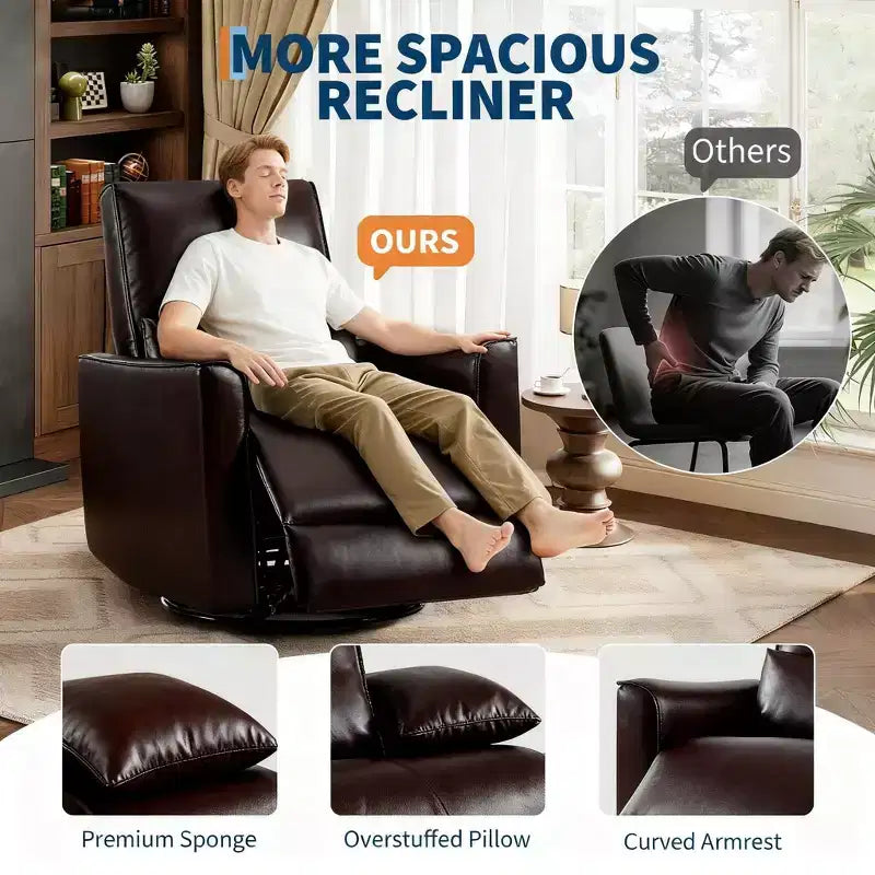 Fauteuil inclinable, Fauteuil à bascule pivotant à 360° avec accoudoirs rembourrés et assise profonde, Fauteuil inclinable en cuir PU pour salon