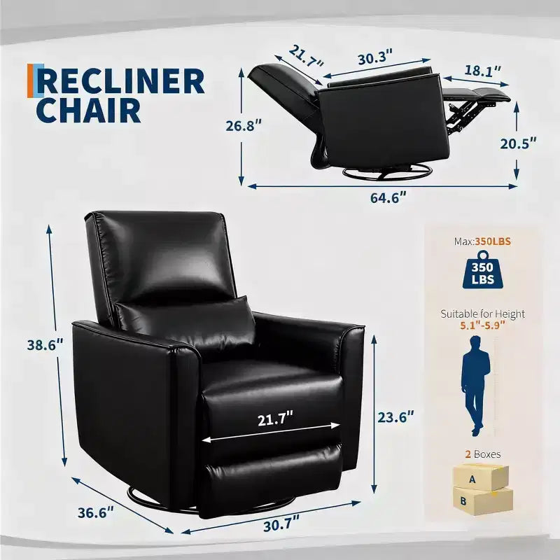 Fauteuil inclinable, Fauteuil à bascule pivotant à 360° avec accoudoirs rembourrés et assise profonde, Fauteuil inclinable en cuir PU pour salon