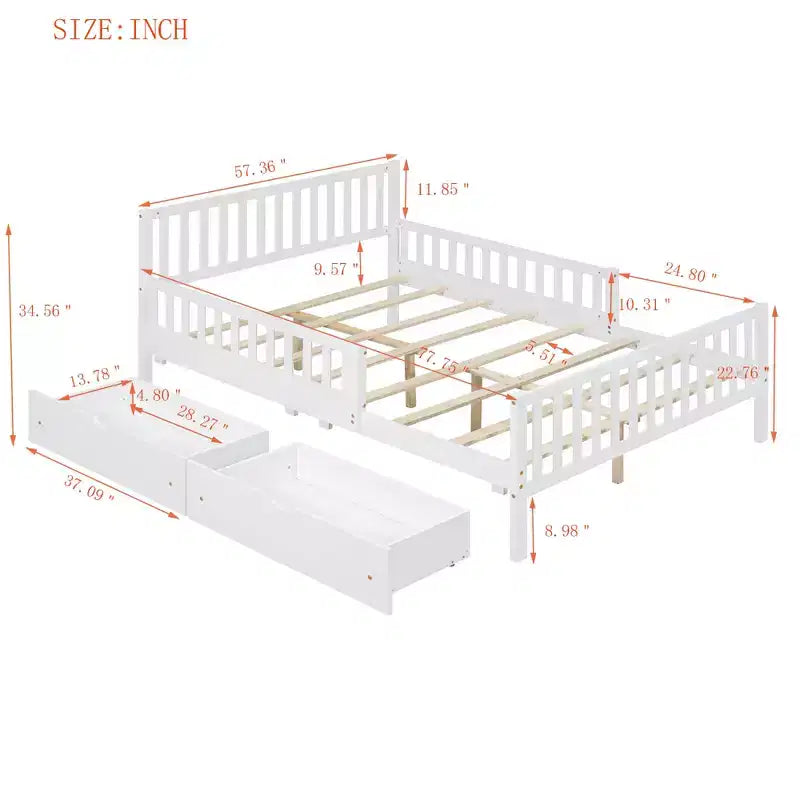 Lit plateforme en bois pleine grandeur avec garde-corps des deux côtés et deux tiroirs de rangement blanc