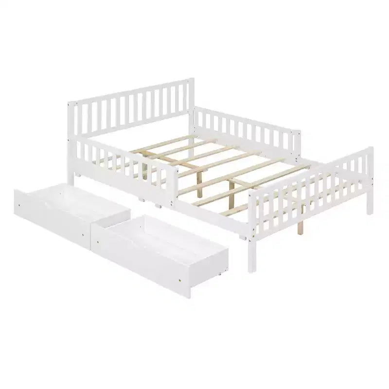 Lit plateforme en bois pleine grandeur avec garde-corps des deux côtés et deux tiroirs de rangement blanc
