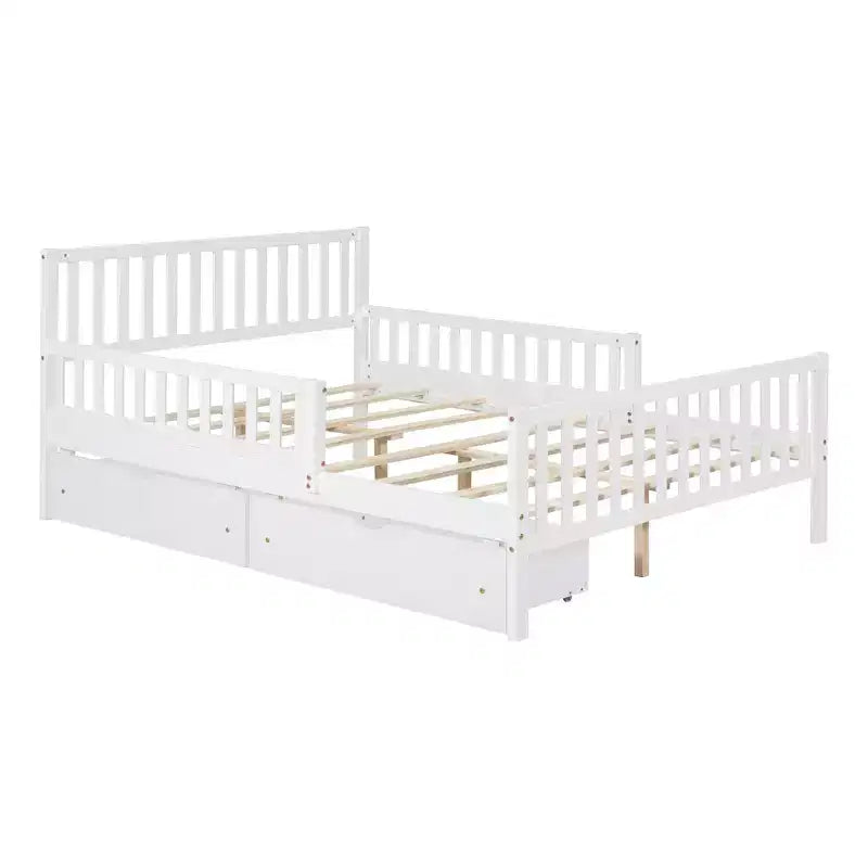 Lit plateforme en bois pleine grandeur avec garde-corps des deux côtés et deux tiroirs de rangement blanc