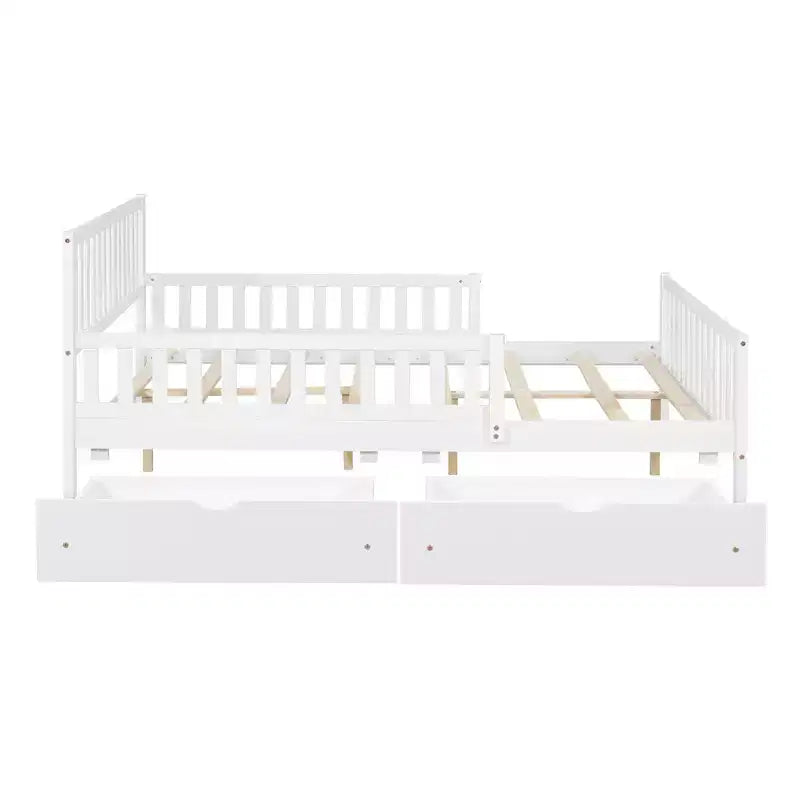 Lit plateforme en bois pleine grandeur avec garde-corps des deux côtés et deux tiroirs de rangement blanc