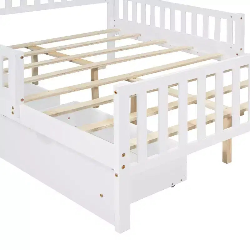 Lit plateforme en bois pleine grandeur avec garde-corps des deux côtés et deux tiroirs de rangement blanc