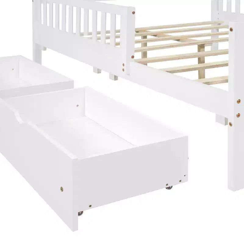 Lit plateforme en bois pleine grandeur avec garde-corps des deux côtés et deux tiroirs de rangement blanc