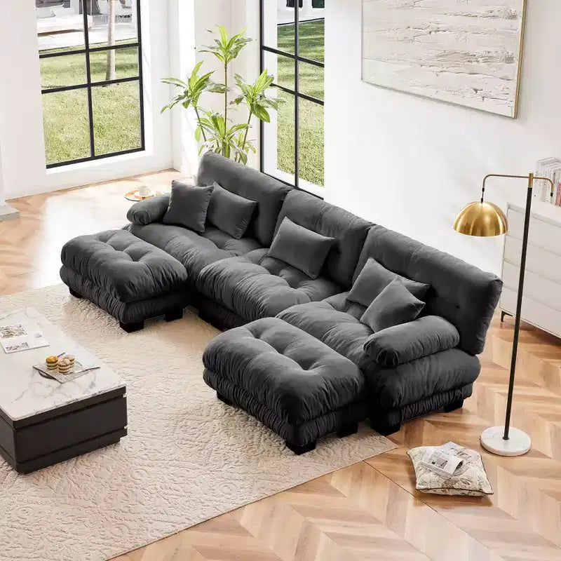 Canapé Modulable de Luxe en Forme de U avec 2 Ottomans pour Salon Gris