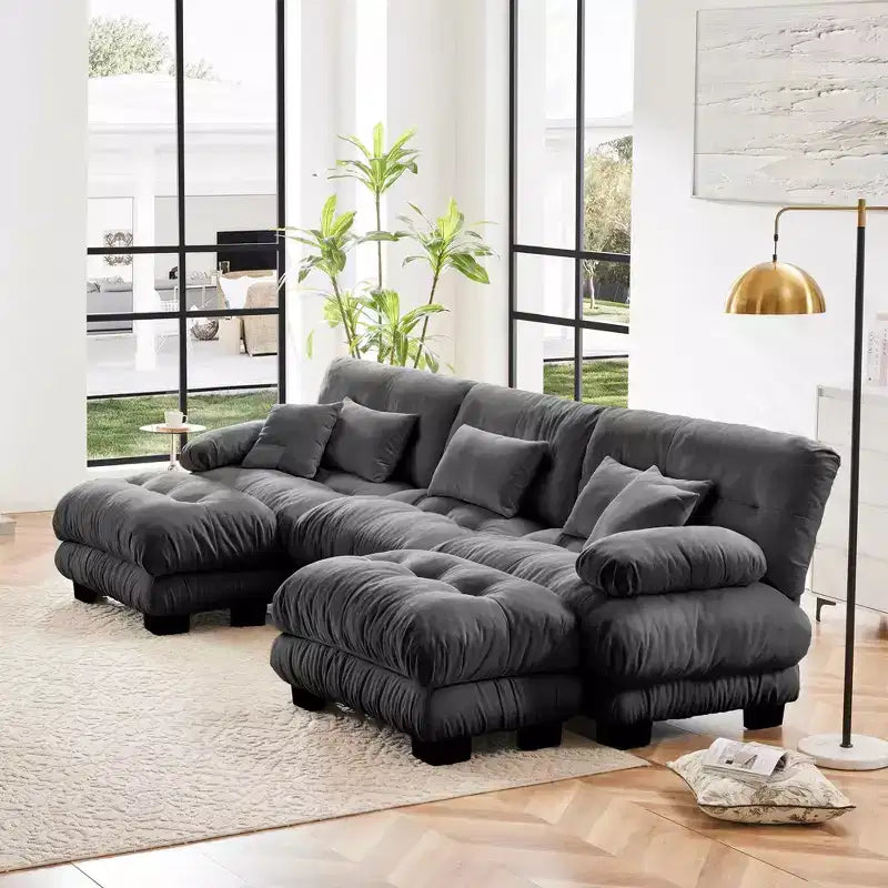 Canapé Modulable de Luxe en Forme de U avec 2 Ottomans pour Salon Gris