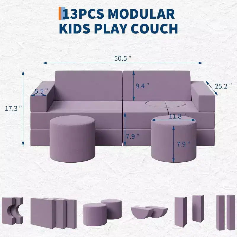 Canapé de jeu modulable 13 pièces - Canapé convertible pour enfant avec housses douces lavables - Fauteuil de sol en mousse pour salle de jeux, salon ou chambre à coucher