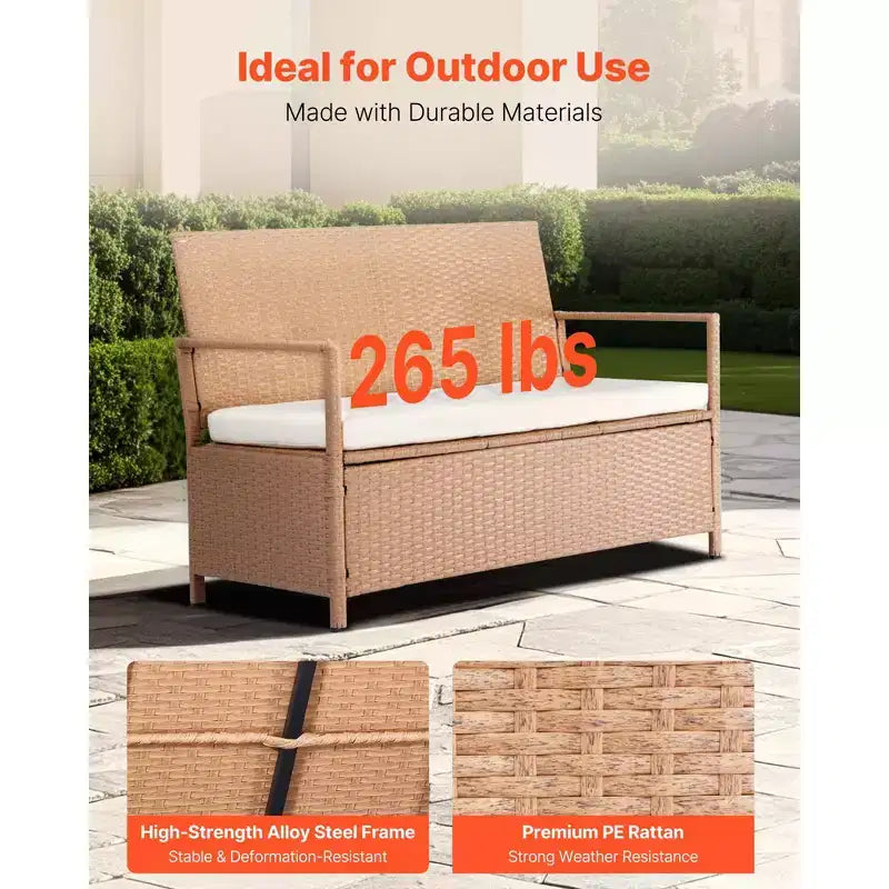 Banc de rangement extérieur VEVOR, banc de rangement en rotin PE 2 personnes, coffre de pont de 265 L avec coussin, supporte jusqu'à 120 kg, marron