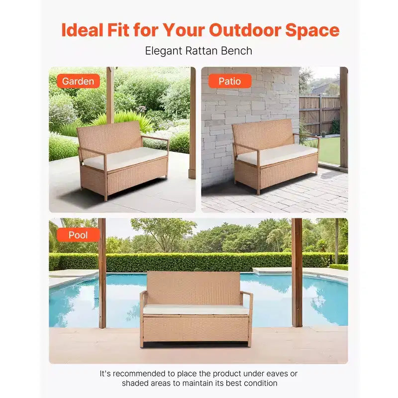 Banc de rangement extérieur VEVOR, banc de rangement en rotin PE 2 personnes, coffre de pont de 265 L avec coussin, supporte jusqu'à 120 kg, marron