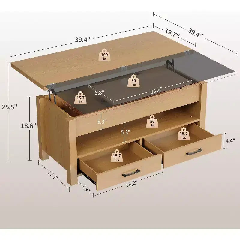 Table basse relevable séparable de 100 cm avec 2 tiroirs, convertible en table à manger, table centrale industrielle moderne pour salon et bureau
