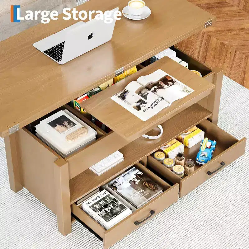 Table basse relevable séparable de 100 cm avec 2 tiroirs, convertible en table à manger, table centrale industrielle moderne pour salon et bureau