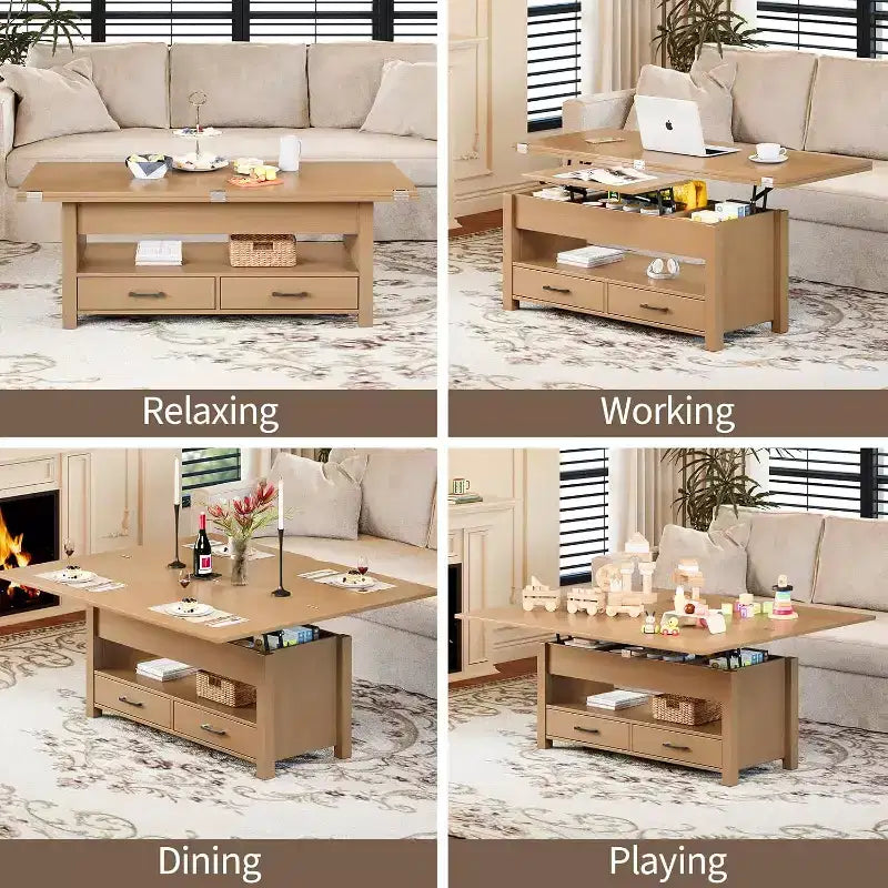 Table basse relevable séparable de 100 cm avec 2 tiroirs, convertible en table à manger, table centrale industrielle moderne pour salon et bureau