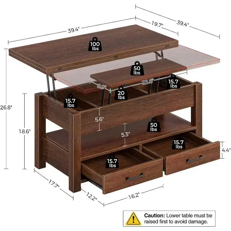 Table basse relevable séparable de 100 cm avec 2 tiroirs, convertible en table à manger, table centrale industrielle moderne pour salon et bureau