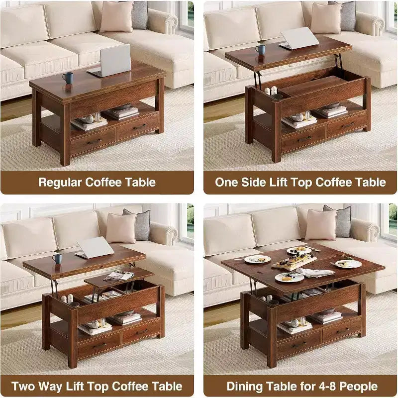 Table basse relevable séparable de 100 cm avec 2 tiroirs, convertible en table à manger, table centrale industrielle moderne pour salon et bureau