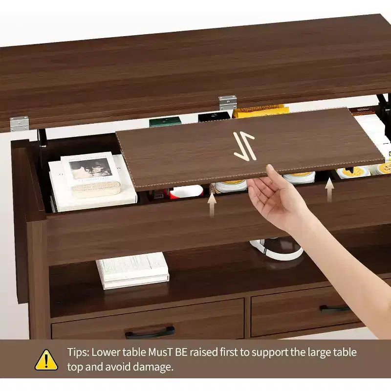 Table basse relevable séparable de 100 cm avec 2 tiroirs, convertible en table à manger, table centrale industrielle moderne pour salon et bureau