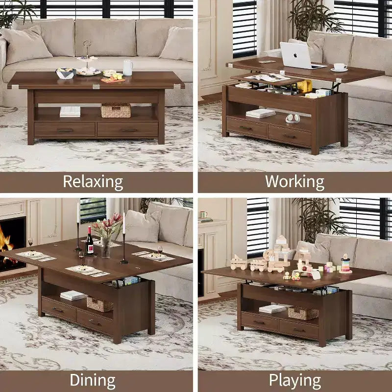 Table basse relevable séparable de 100 cm avec 2 tiroirs, convertible en table à manger, table centrale industrielle moderne pour salon et bureau