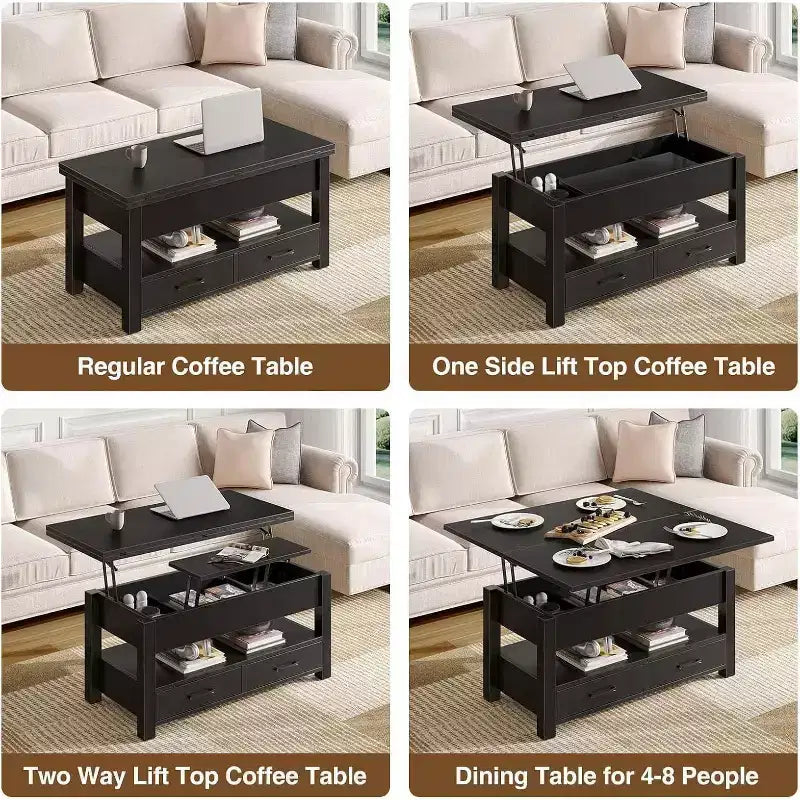 Table basse relevable séparable de 100 cm avec 2 tiroirs, convertible en table à manger, table centrale industrielle moderne pour salon et bureau