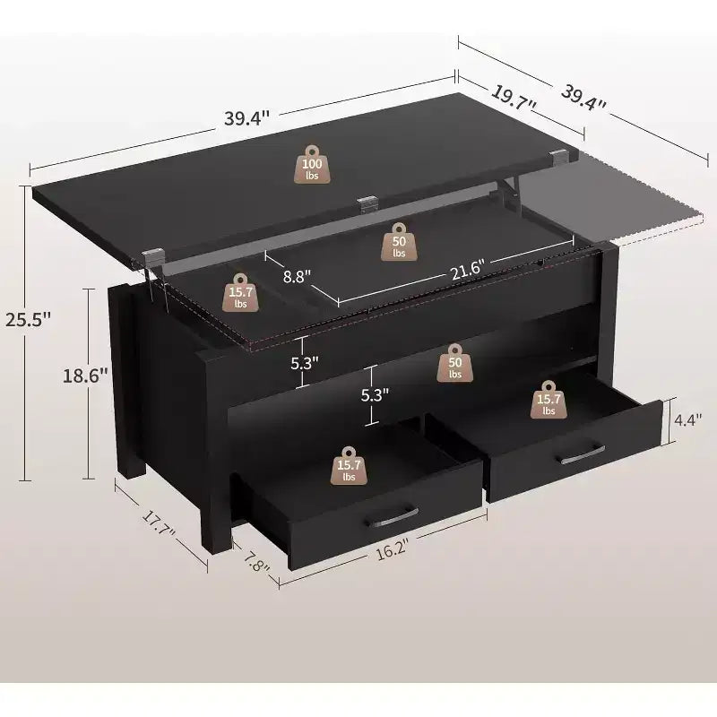 Table basse relevable séparable de 100 cm avec 2 tiroirs, convertible en table à manger, table centrale industrielle moderne pour salon et bureau