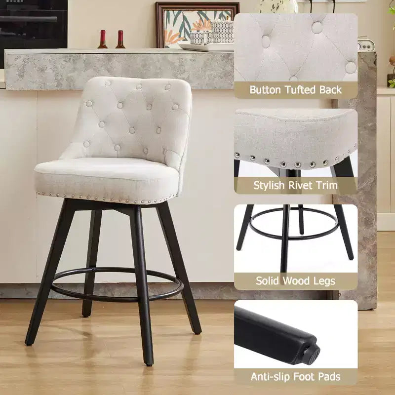 Tabourets de bar, lot de 4 tabourets de bar pivotants de 66 cm de haut, pieds en bois, revêtement en lin beige