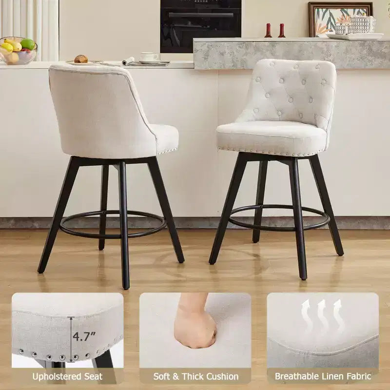Tabourets de bar, lot de 4 tabourets de bar pivotants de 66 cm de haut, pieds en bois, revêtement en lin beige