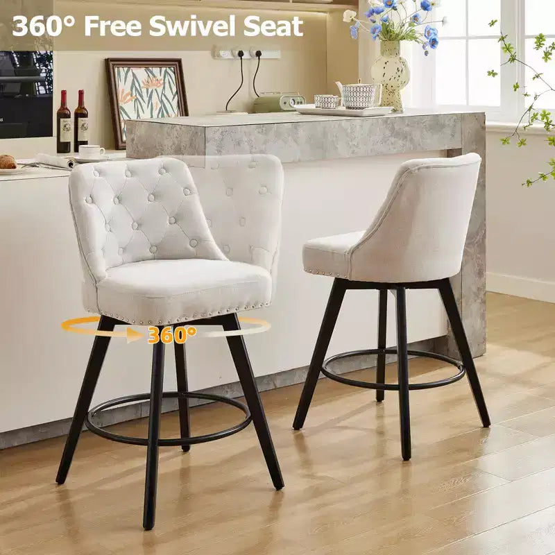 Tabourets de bar, lot de 4 tabourets de bar pivotants de 66 cm de haut, pieds en bois, revêtement en lin beige