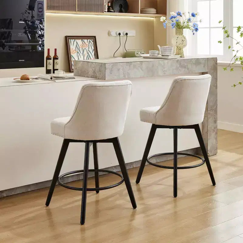 Tabourets de bar, lot de 4 tabourets de bar pivotants de 66 cm de haut, pieds en bois, revêtement en lin beige