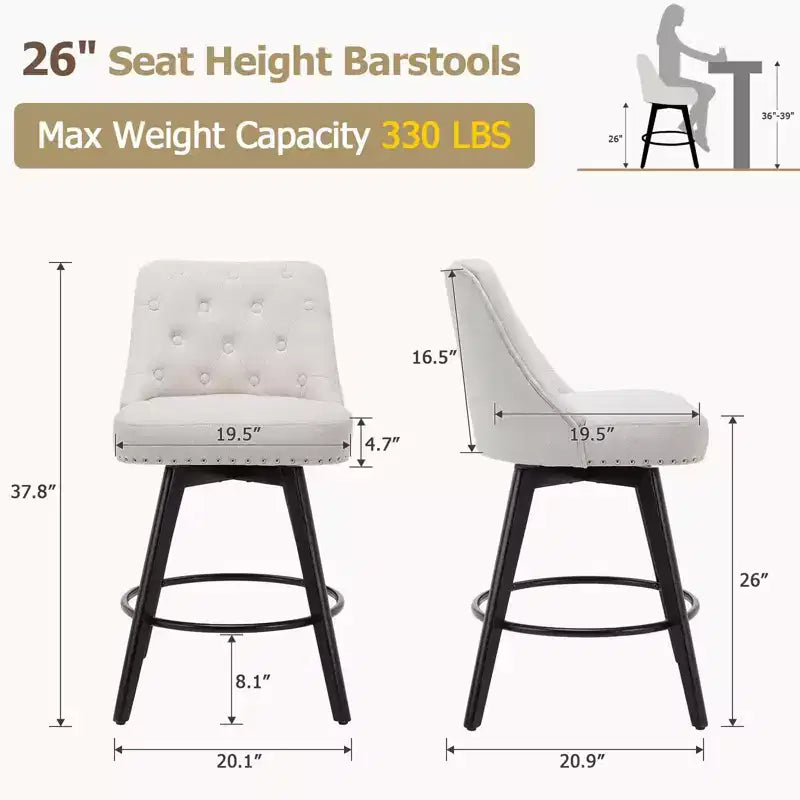 Tabourets de bar, lot de 4 tabourets de bar pivotants de 66 cm de haut, pieds en bois, revêtement en lin beige