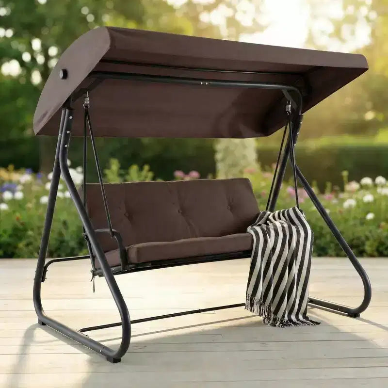 Balançoire-planeur convertible 3 places pour l'extérieur, auvent réglable, cadre métallique robuste, capacité de poids de 340 kg, coussins amovibles, pour patio, jardin