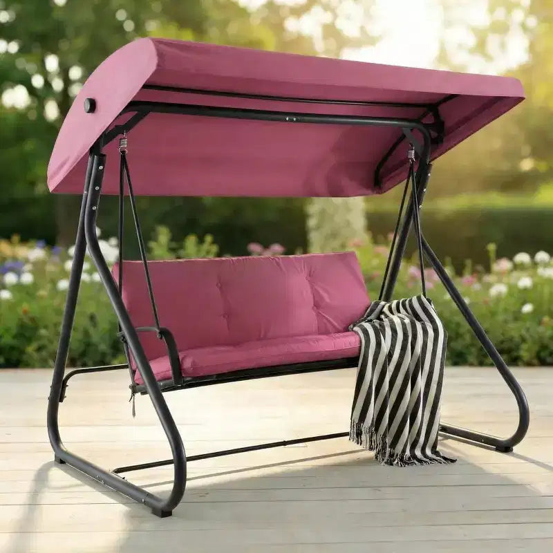 Balançoire-planeur convertible 3 places pour l'extérieur, auvent réglable, cadre métallique robuste, capacité de poids de 340 kg, coussins amovibles, pour patio, jardin