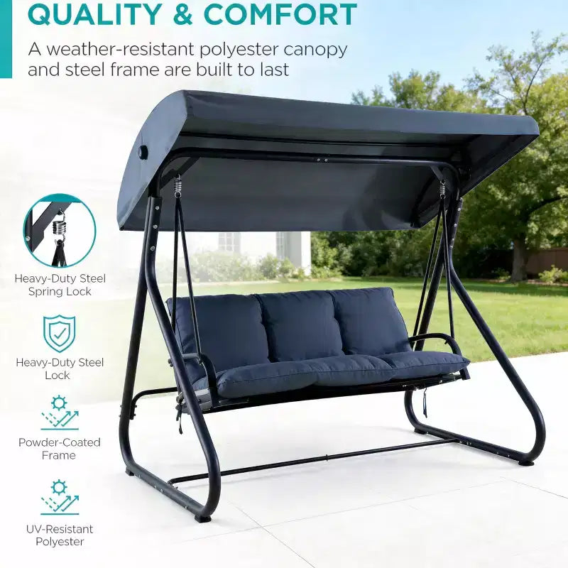 Balançoire-planeur convertible 3 places pour l'extérieur, auvent réglable, cadre métallique robuste, capacité de poids de 340 kg, coussins amovibles, pour patio, jardin