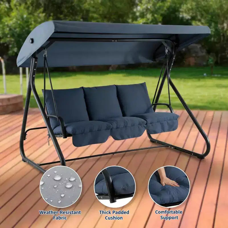 Balançoire-planeur convertible 3 places pour l'extérieur, auvent réglable, cadre métallique robuste, capacité de poids de 340 kg, coussins amovibles, pour patio, jardin