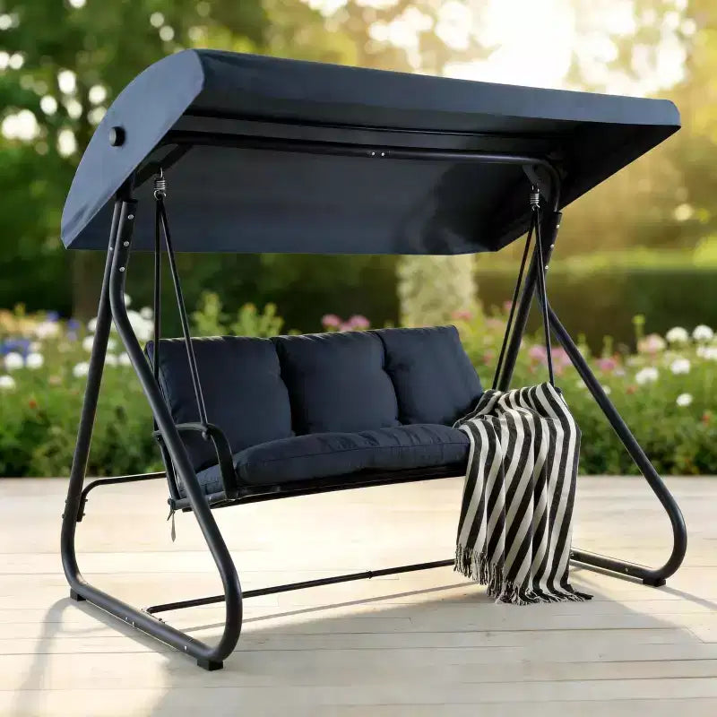 Balançoire-planeur convertible 3 places pour l'extérieur, auvent réglable, cadre métallique robuste, capacité de poids de 340 kg, coussins amovibles, pour patio, jardin
