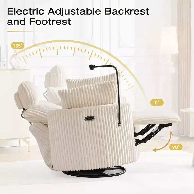 Fauteuil inclinable en velours côtelé, fauteuil pivotant 210 avec dossier et repose-pieds réglables, fauteuil à bascule avec support de téléphone - ModernLuxe