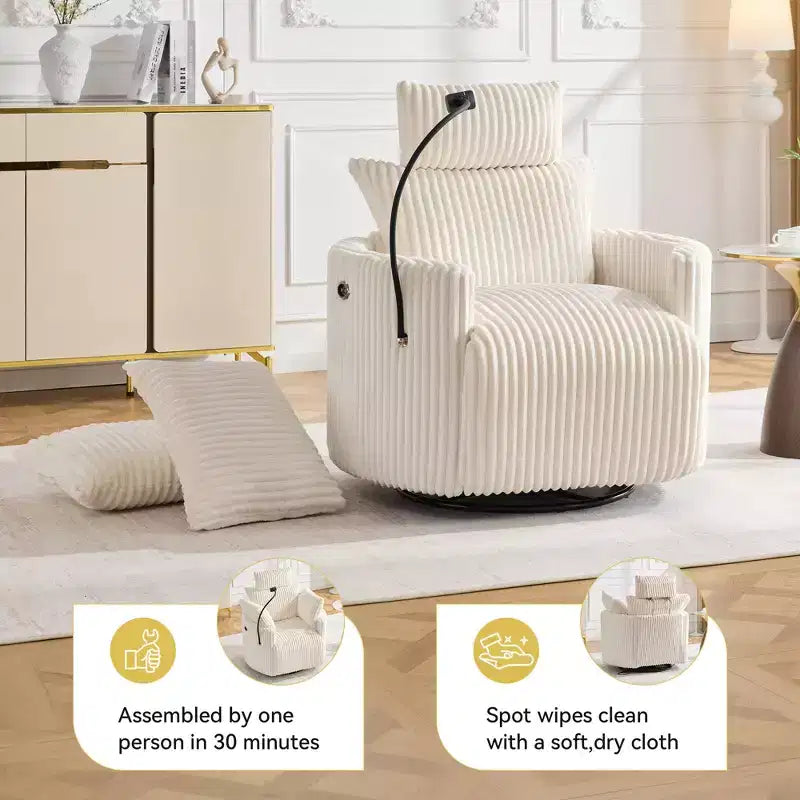 Fauteuil inclinable en velours côtelé, fauteuil pivotant 210 avec dossier et repose-pieds réglables, fauteuil à bascule avec support de téléphone - ModernLuxe
