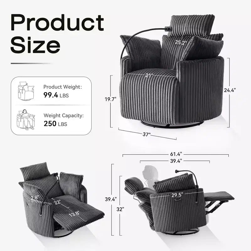 Fauteuil inclinable en velours côtelé, fauteuil pivotant 210 avec dossier et repose-pieds réglables, fauteuil à bascule avec support de téléphone - ModernLuxe
