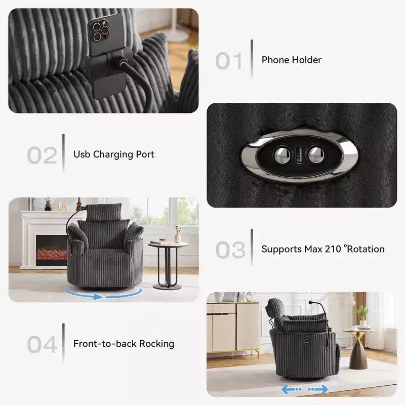 Fauteuil inclinable en velours côtelé, fauteuil pivotant 210 avec dossier et repose-pieds réglables, fauteuil à bascule avec support de téléphone - ModernLuxe