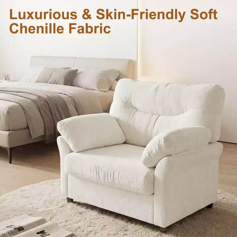 Fauteuil d'appoint surdimensionné, fauteuil moderne en chenille pour le salon, large fauteuil de lecture avec assise profonde et accoudoir oreiller, canapé simple pour la chambre