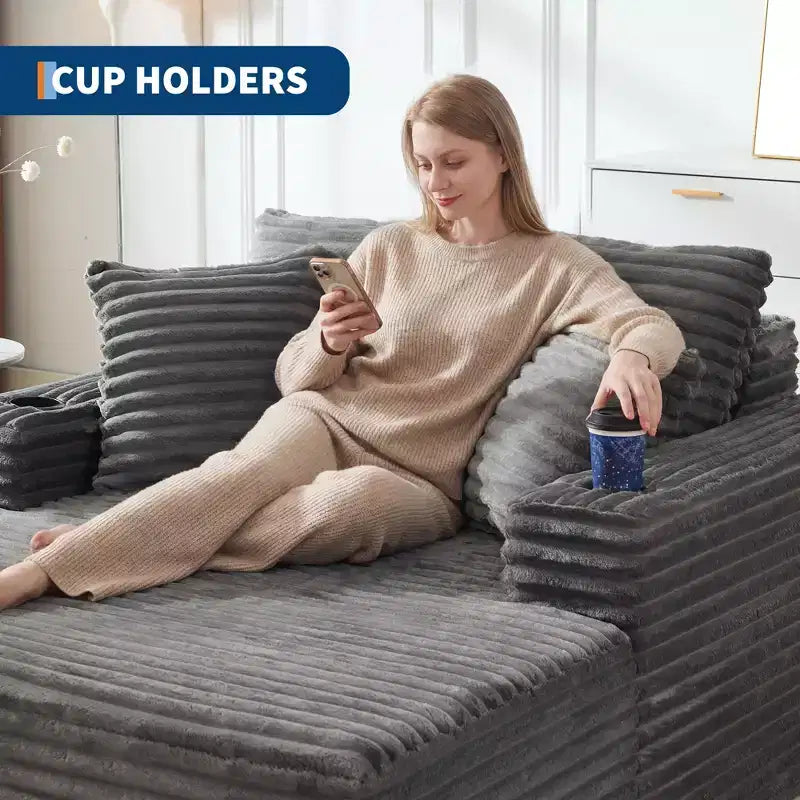 Fauteuil inclinable surdimensionné en velours côtelé de 163 cm, canapé-lit sans cadre avec porte-gobelets et 2 oreillers, aucun assemblage requis